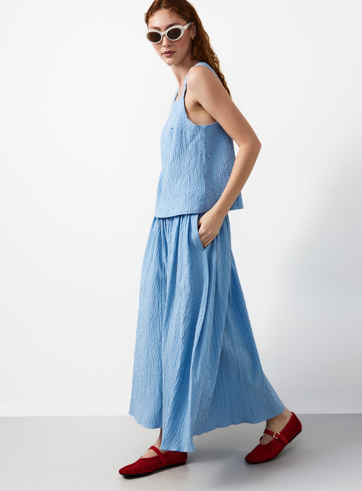 Blue Stripe Print Cotton Full Midaxi Co-ord Skirt 14 - Image 2 thumbnail